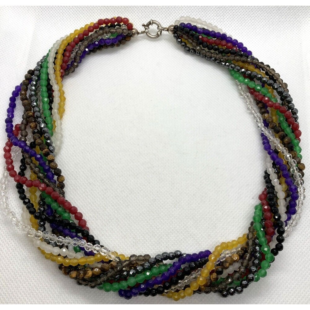 Vintage 10 Strand Gemstone Torsade 20'' Necklace Sterling 925 Silver 124g Quartz